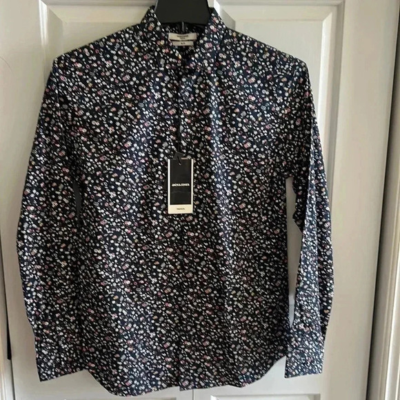 Jack & Jones premium slim, blue ditzy floral,NWT, 100% cotton long sleeve shirt, - Picture 3 of 8